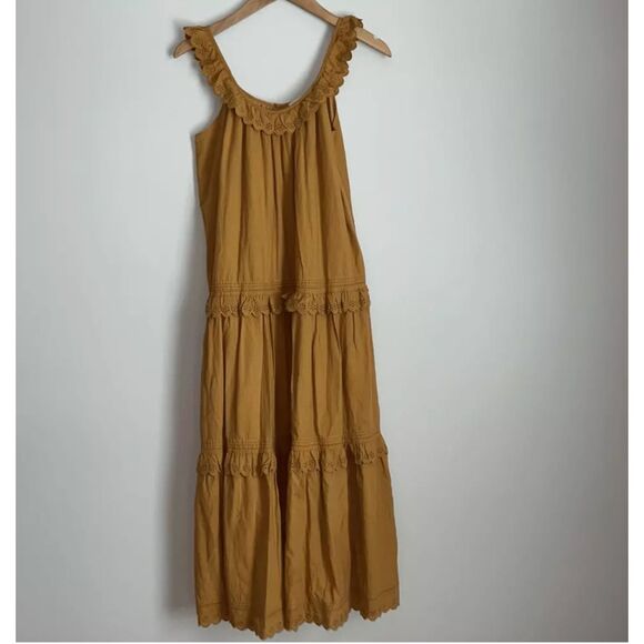 THE GREAT. Eyelet Magnolia Tiered Oversized Midi Dress Mustard Yellow Size S - Picture 3 of 10